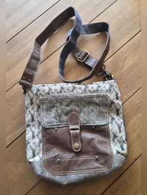 Brown Leather & Ivory Canvas Crossbody with Faux Fur Trim